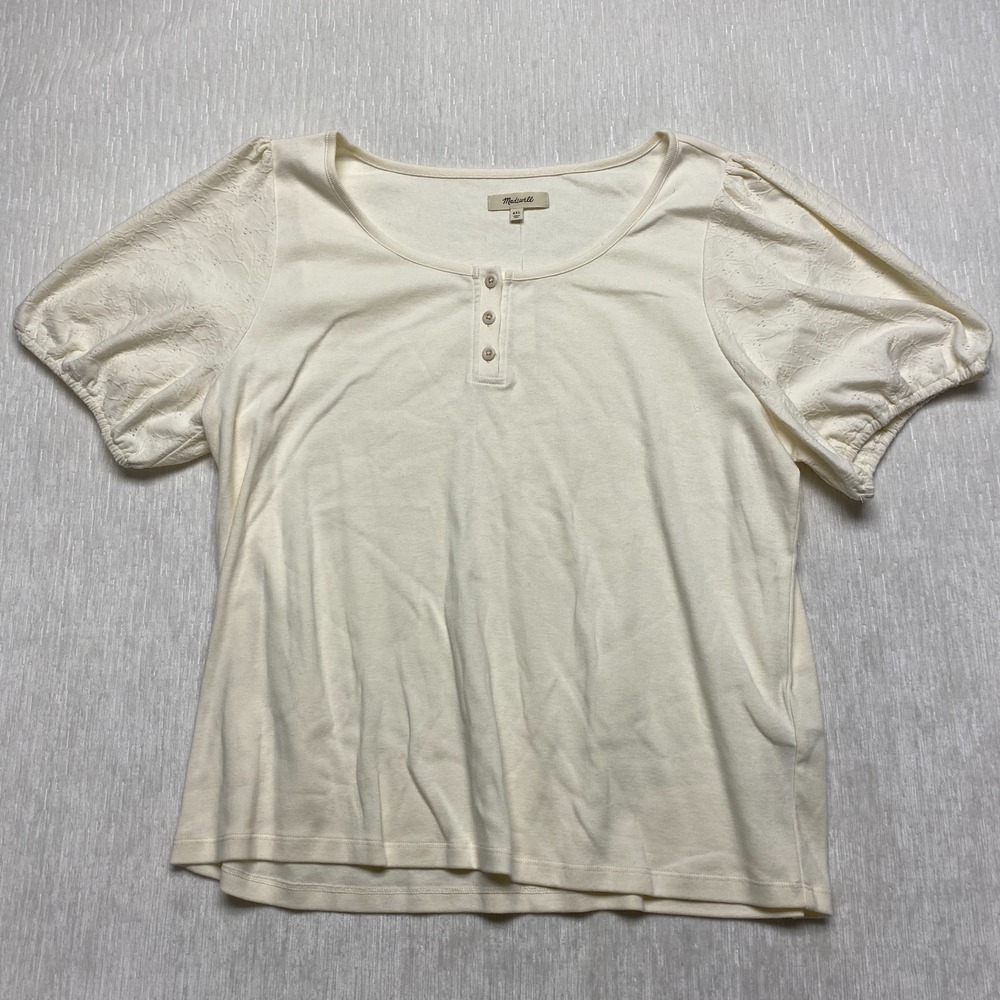 Madewell Henley Shirt Womens 2XL Beige Ribbed Knit Cotton Casual Eyelet-Sleeve